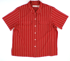 Chaus Woman Blouse Top 20 Red Stripes Button-Up Short Sleeve Loop Collar - £11.84 GBP