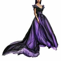 Off The Shoulder Long Gothic Tulle Black V Neck Evening Prom Dresses Lavender 4 - $168.29