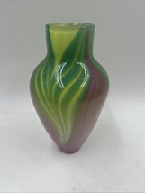 Beautiful Art Glass Hand Blown Pulled Feather Design Vase Signed - $62.88