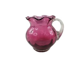 Vintage Pilgrim Glass Optic Cranberry Pink Pitcher w Ribbed Applied Clea... - $12.82