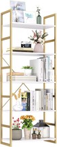 Finetones 5 Tier Bookshelf, Industrial Gold Bookcase With Metal, White And Gold - £70.33 GBP