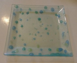 Glass Serving Platter 10&quot;Square Clear with Turquoise &amp; Green Dots - $9.89