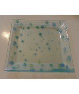 Glass Serving Platter 10&quot;Square Clear with Turquoise &amp; Green Dots - $9.89