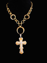 Dramatic Large Cross Necklace - Vintage rhinestone pendant - unisex 18 inch Gold - £76.17 GBP