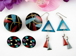 Lot Of 3 Pairs Red Turquoise Blue &amp; Black Pierced Earrings Vintage Glittery - £13.44 GBP