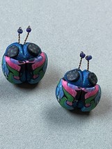 Blue Green &amp; Pink Swirl Polymer Clay Beetle Bug Insect Post Earrings for Pierced - $16.69