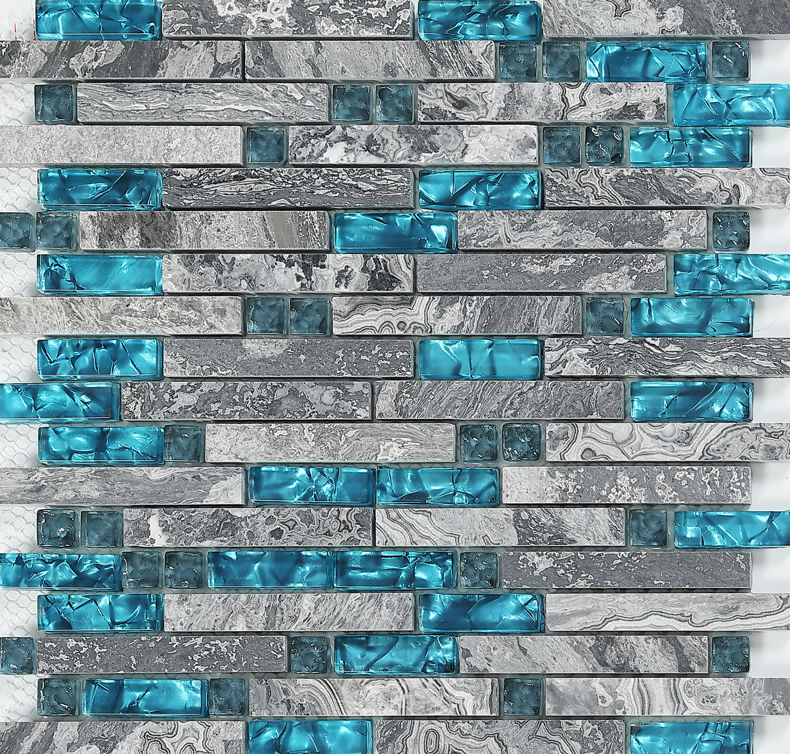 Glass Stone Backsplash Polished Gray Teal Blue Mosaic Linear Wall Tile Set of 11