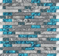 Glass Stone Backsplash Polished Gray Teal Blue Mosaic Linear Wall Tile S... - £148.52 GBP
