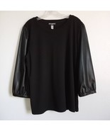 Karl Lagerfeld Paris Black Faux Leather Top Puffy Sleeve Jersey Slinky W... - $98.58 CAD