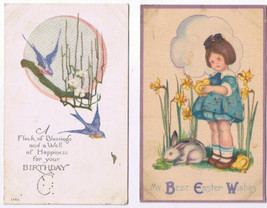 Birthday Easter Postcards (2) Bluebirds Girl Daffodils Rabbit Chick - £1.63 GBP