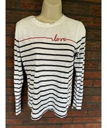 Loft Striped Long Sleeve T-Shirt Small Red Cursive Love Top Blouse 100% ... - $15.20