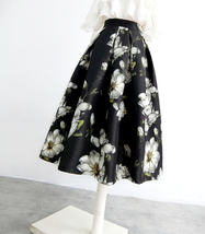 Black Floral Skirt Outfit, Womens Black Pleated Midi Skirt,Plus Size High Waist  image 4