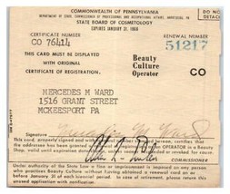 Pennsylvania Beauty Culture Operator Cosmetology License Card Anni &#39;60 - $39.59