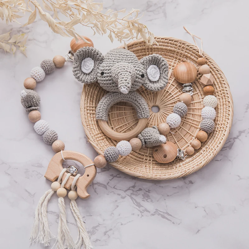 1set Baby Toys Wood Pram Clip Crochet Elephant Dummy Soother Chain Clip Animal - £21.96 GBP+