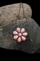 Signed Navajo Handmade Sterling Silver Pink Conch Flower Bar Necklace - £239.05 GBP