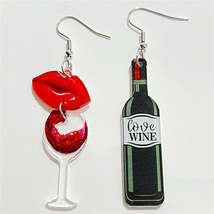 Red &amp; Black &#39;Love Wine&#39; Lip Wine Glass Mismatched Drop Earrings - £11.03 GBP