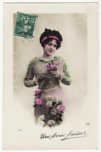 Beautiful Edwardian Woman in Floral Dress 1910s Glamour real photo postcard RPPC - £5.89 GBP