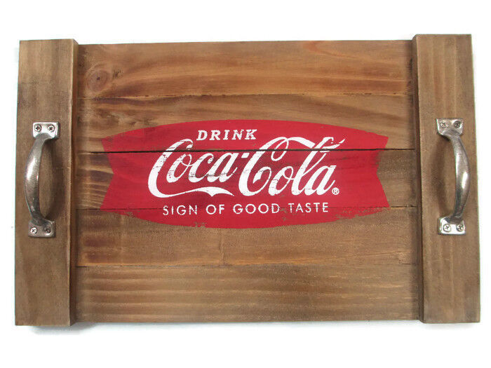 Primary image for Coca-Cola Wooden Tray Metal Handles Fishtail Logo Serving Charcuterie Decor