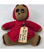 Paddington Teddy Bear Crocheted 11”  Red Hooded Sweater Handmade Vtg Granny Core