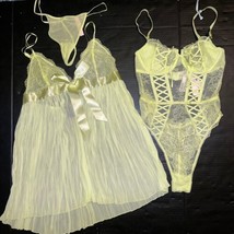 Victoria&#39;s Secret M Teddy one-piece Bodysuit+L Pleated Babydoll Yellow Lace - £118.69 GBP