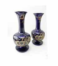 Set of 2 Tall Vintage Cobalt Blue Wood Carved Thailand Vases Hand Carved Flowers - £102.43 GBP