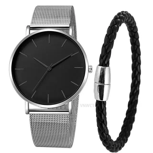 2pc Simple Black Watch With celet For Men Casual Fashion Round Simple Silver Wat - £41.43 GBP