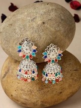 Bollywood Inspired Traditional Multicolor AD Stones Studded Jhumka Jewelry - £15.50 GBP