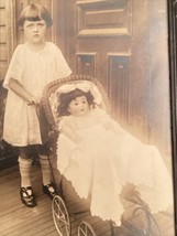 Antique Matted Photo Young Girl With Pretty Long Hair Chubby Doll Stroller C1920 - £29.58 GBP