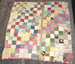 Hand made Stiched Vtg Lap Quilt Baby Blanket 40” X 40” Patchwork Square - £30.63 GBP