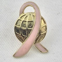 Pink Ribbon Globe Pin Gold Tone Enamel Brooch Breast Cancer Awareness NR - $9.89