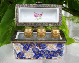 Trinket Box With Three Miniature Perfume Bottles~Blue/White/Gold Leaf De... - £106.22 GBP