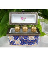 Trinket Box With Three Miniature Perfume Bottles~Blue/White/Gold Leaf De... - $134.99