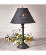 TABLE LAMP &amp; PUNCHED TIN SHADE - Distressed Black over Red Crackle Finis... - $199.95