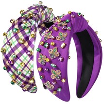 2PCS Mardi Gras Headband for Women Fleur De Lis Mask Headband Purple Jeweled Rhi - £37.29 GBP