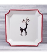 Christmas Holiday Reindeer 7&quot; x 7&quot; Stoneware Square Plate Beige Red - $17.07