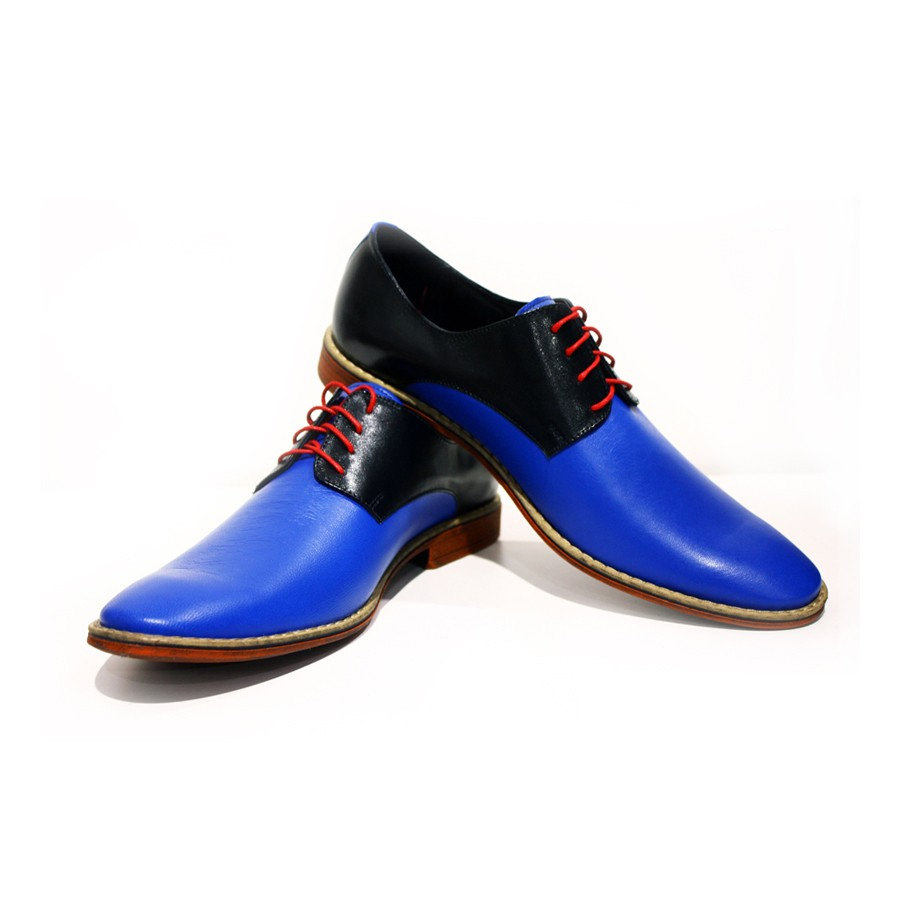 Hand Made Men Blue Black Cont Red Lace Up Derby Genuine Leather Shoes US 7-16