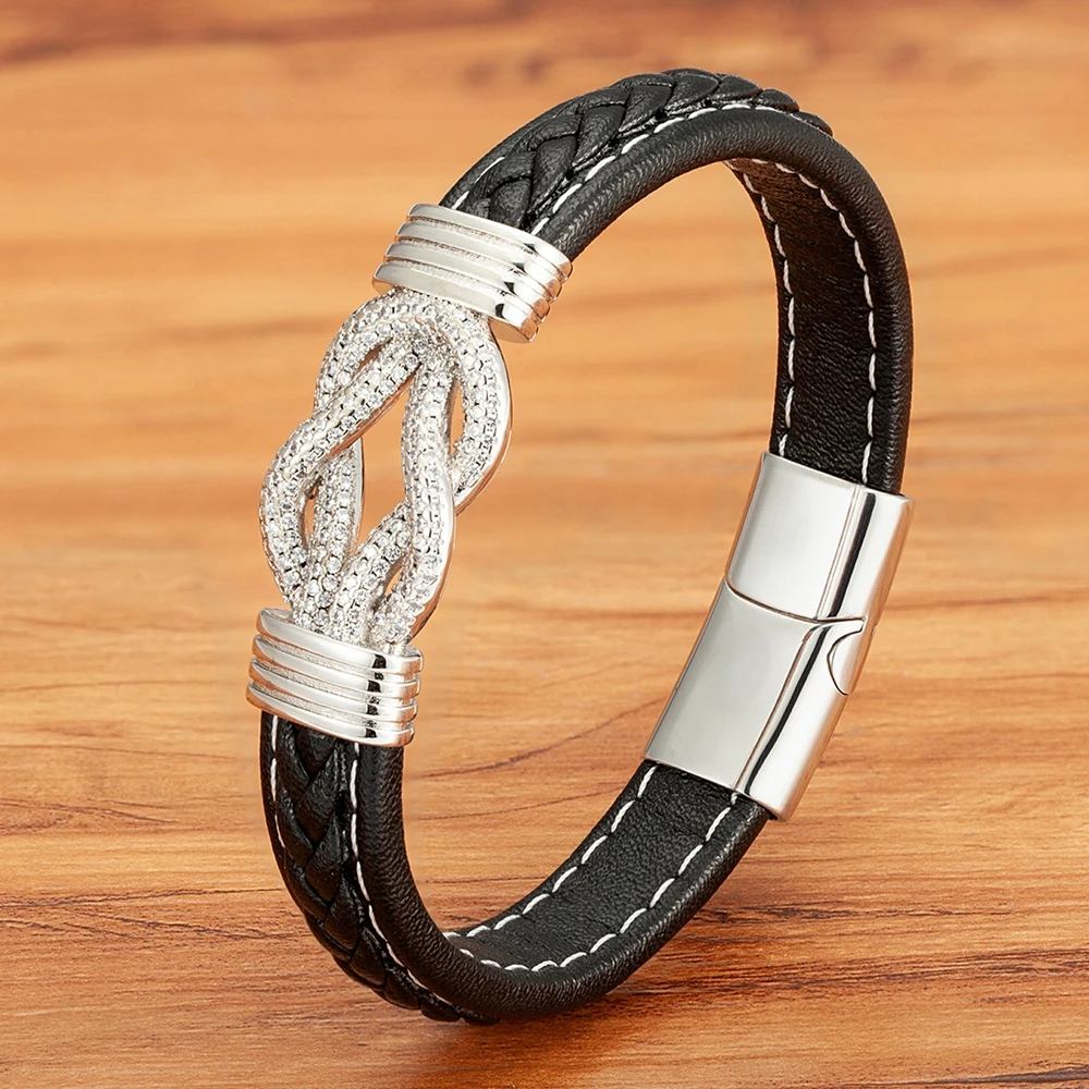 Punk Style Crystal Stainless Steel Braid Leather Bracelets Magnetic Clasp Bangle - £19.09 GBP