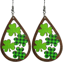 St. Patrick&#39;S Day Irish Shamrock Dangle Earrings Green Leaf Wood Women Girls - £10.24 GBP