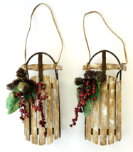 2 Small Sleds Wood &amp; Metal Christmas Ornaments Holiday Decor Bells Sprigs Snow - £15.59 GBP