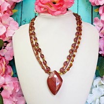 Red Jasper Stone Pendant Multi Strand Purple Crystal Glass Beaded Necklace - $24.95