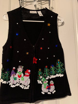 Vintage Kim Rogers Size L Black Sleeveless Zip Front Knit Holiday Vest - £13.34 GBP