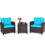 3PCS Patio Rattan Furniture Set Cushioned Conversation Set Sofa Turquoise - £235.11 GBP