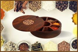 Sheesham Wood Masala Round Spice Box, organizer box for kitchen By MARMORIS ECOM - £45.57 GBP