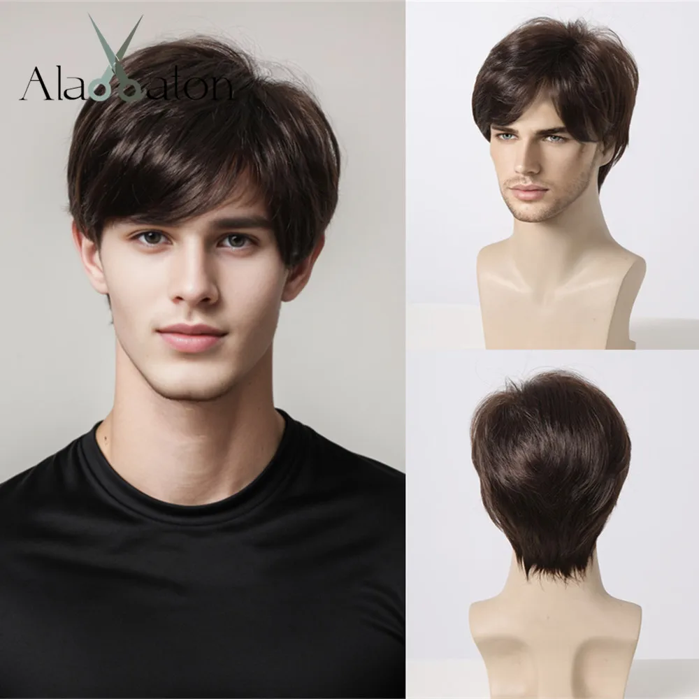 ALAN EATON Men&#39;s Dark Brown Synthetic Wig Natural Short Layered Wig Pixie C - £14.66 GBP+