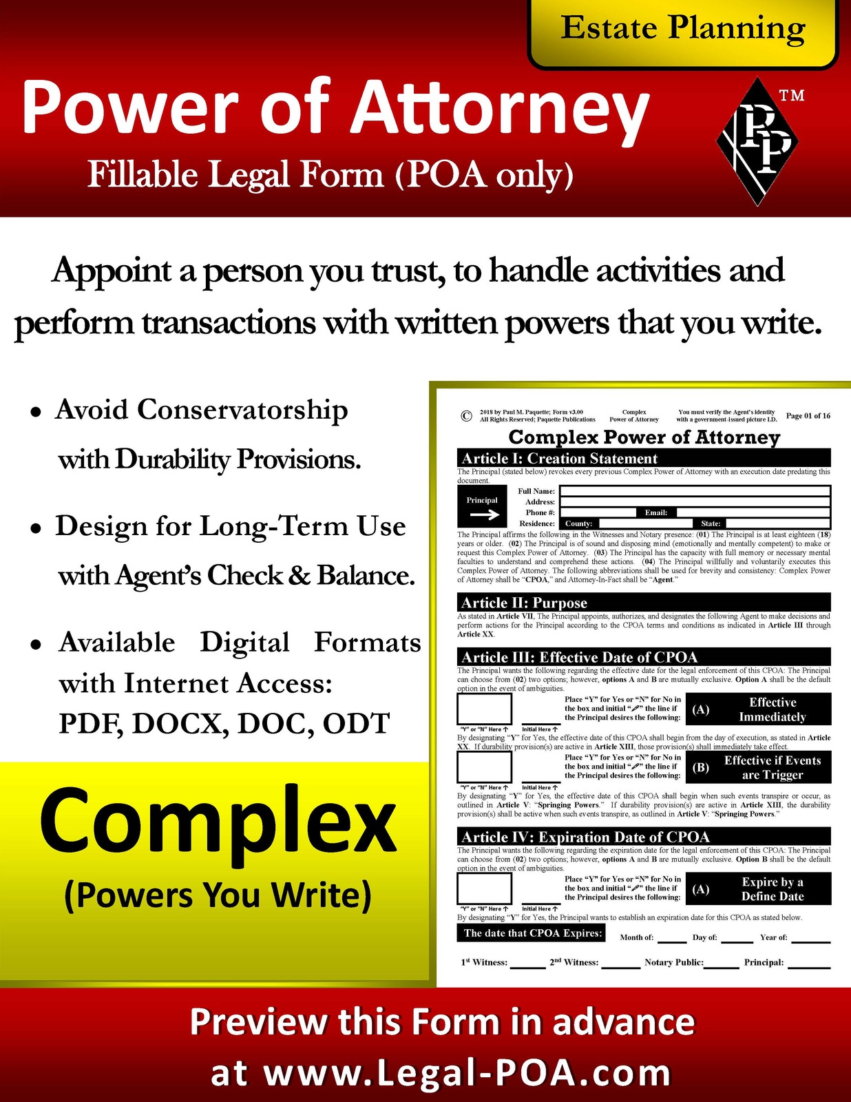Complex Power of Attorney - Form &amp; Instructions ( Legal Kit ) - $9.99
