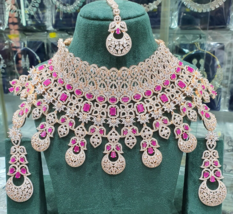 Indian 18k Gold Filled Bollywood Style CZ Choker Necklace Big Ruby Jewelry Set - £296.09 GBP