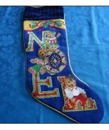Christmas Stocking Needlepnt. NOEL Bears Navy Blue Velvet Gold Trim X St... - $38.28 CAD
