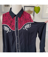 Shyanne Cold Shoulder Western Snap Front Cowgirl Shirt Black Red Lace Em... - €23,48 EUR