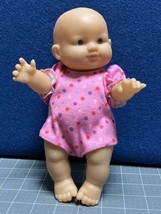 UNEEDA 9&quot; Doll Baby Plastic Dolgen Bald Blue Eyes Pink Polka Dot Romper - $10.22