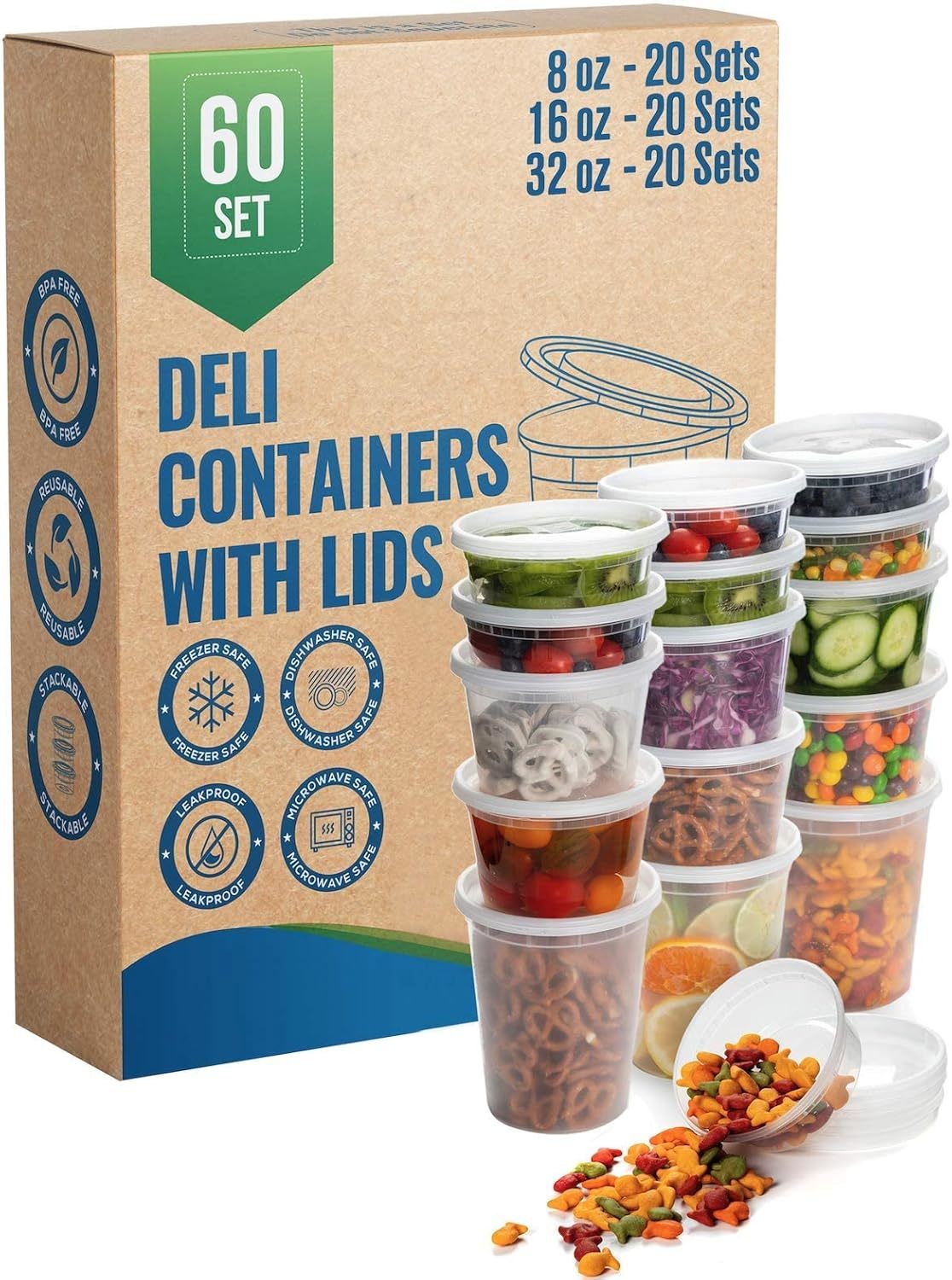 Deli Containers With Airtight Lids 60 Set (8Oz-20 Set, 16Oz-20 Set,, Sta... - $40.98